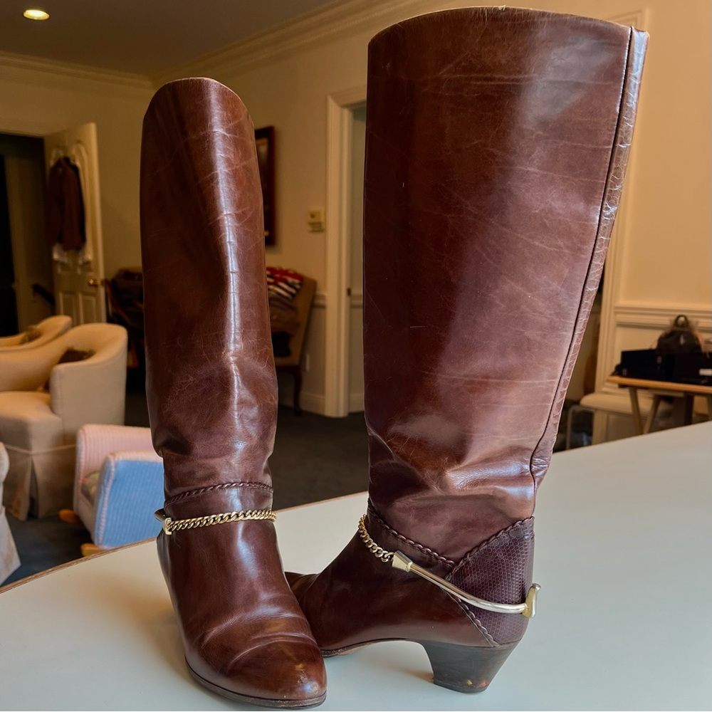Galo Shoes Brown Leather Knee High Boots with Chain Detail